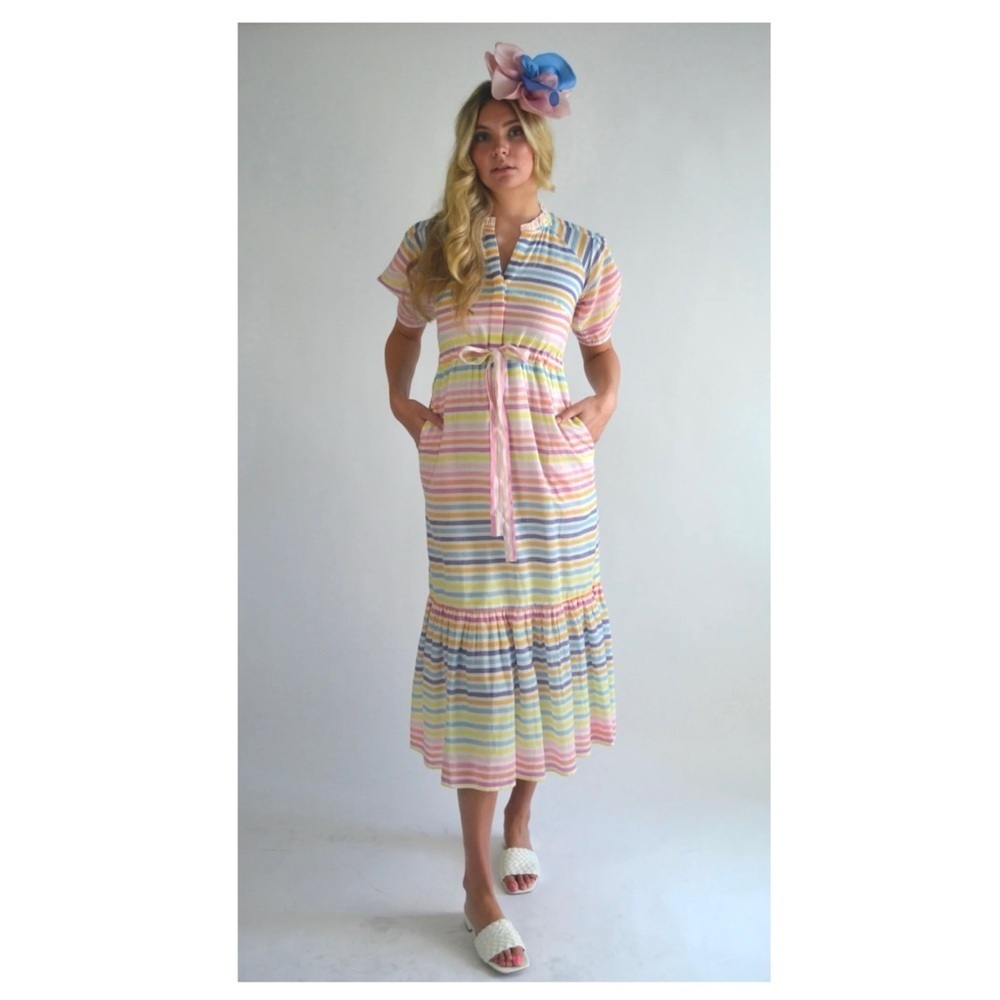 Banjanan Feminine Cottagecore Betty Tiered Midi Dress Hand Printed Candy Stripe